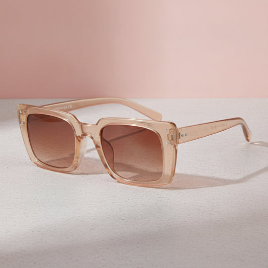 Trendy Fashionable Rectangular Resin Small Frame Mi Nail Sunglasses with Pink Lenses, in Brown