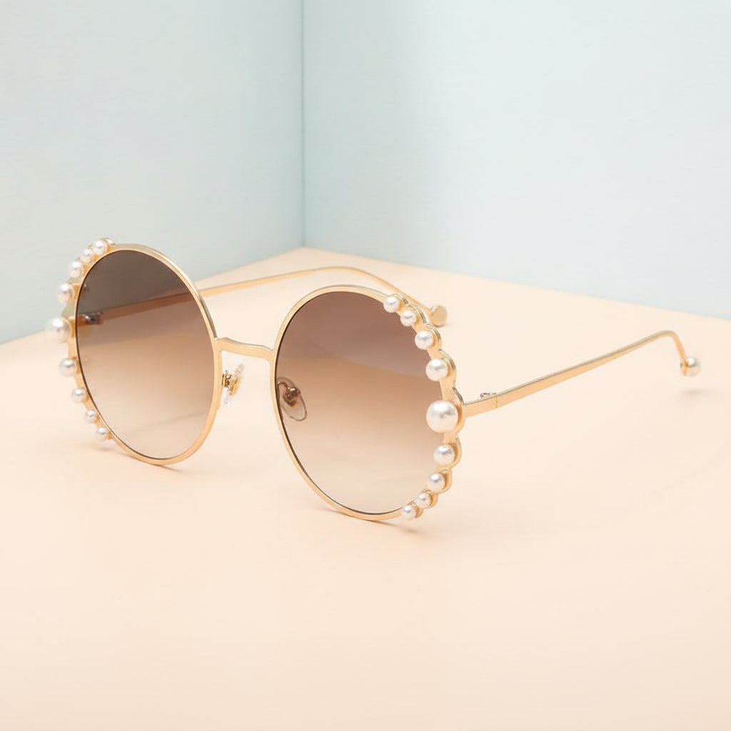 Round Gold Pearl Metal Frame Sunglasses for Ladies UV400 Protection Mirrored PC Lens