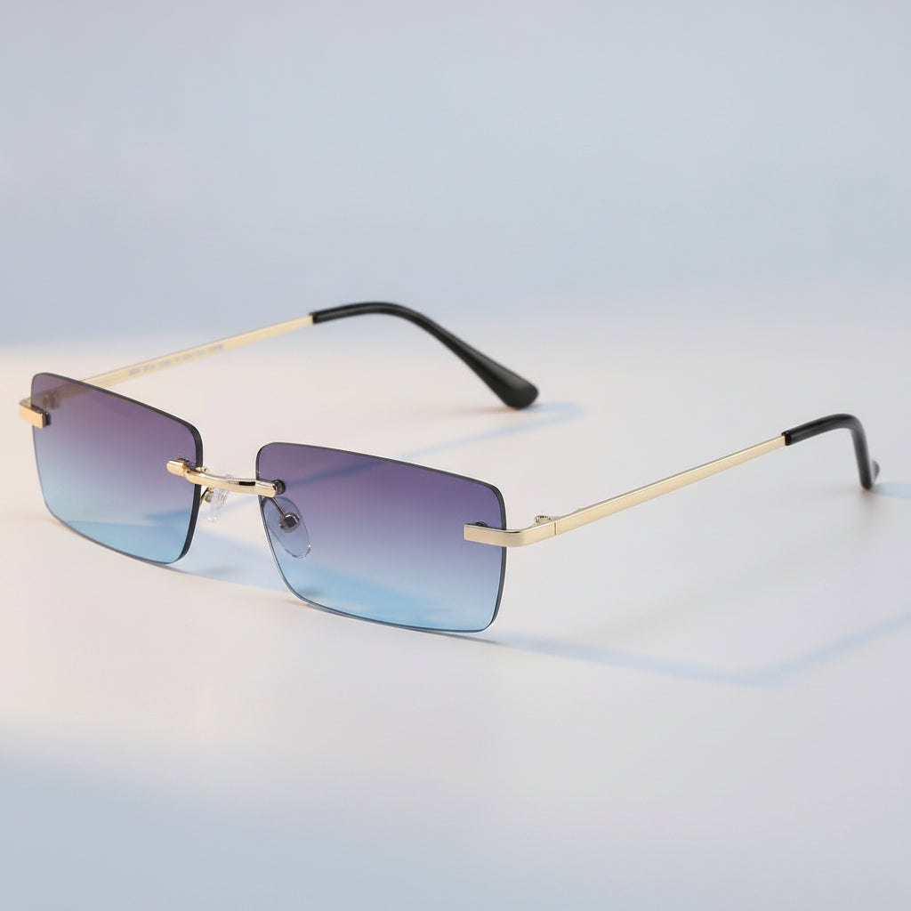 Female Rectangular Rimless Sunglasses with Gold Metal Frame and Gradient PC Lenses for Big Face