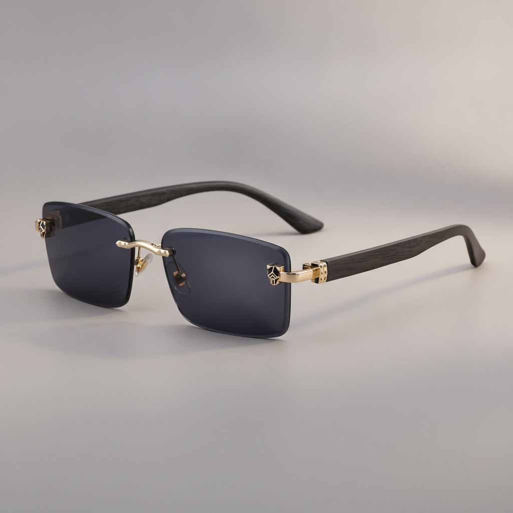 Rectangular Frameless Sunglasses For Men Retro Wood Grain Temple Leopard Head Sun Protection Gradient, in C1 black wood grain