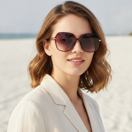 Brown Gradient Slim Metal Square Sunglasses, worn by a model