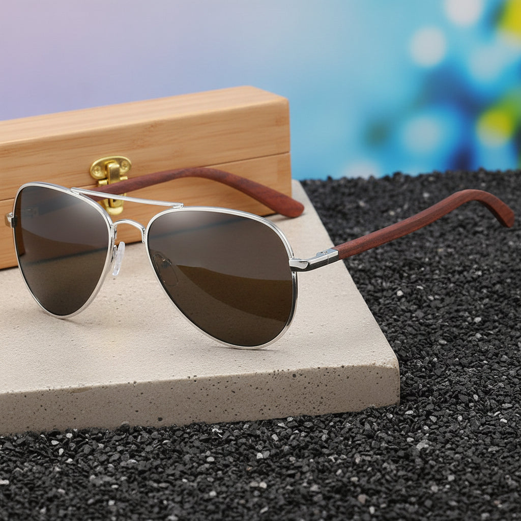 Adult Aviator Sunglasses UV Protection Bamboo Frame Versatile Style for Travel Fashion Driving, in Dried