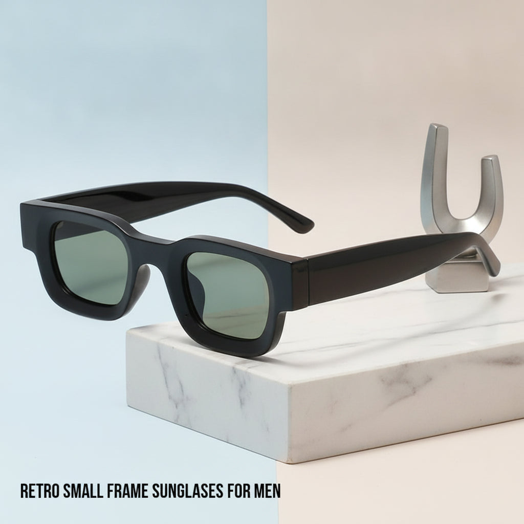 Men's Retro Small Frame Black Square Sunglasses Essential UV400 Protection AC Lens PC Frame, in Black dark green