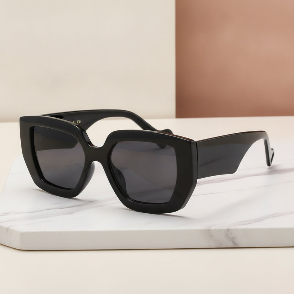 Unisex Rectangular Oversized Sunglasses with PC Frame AC Lens Thick Edge Modern Retro Style, in Black grey