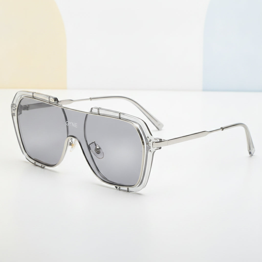 Men's Retro Rectangular Oversized Sunglasses PC Lens Clear Plastic Metal Frame UV400, in Silver gray