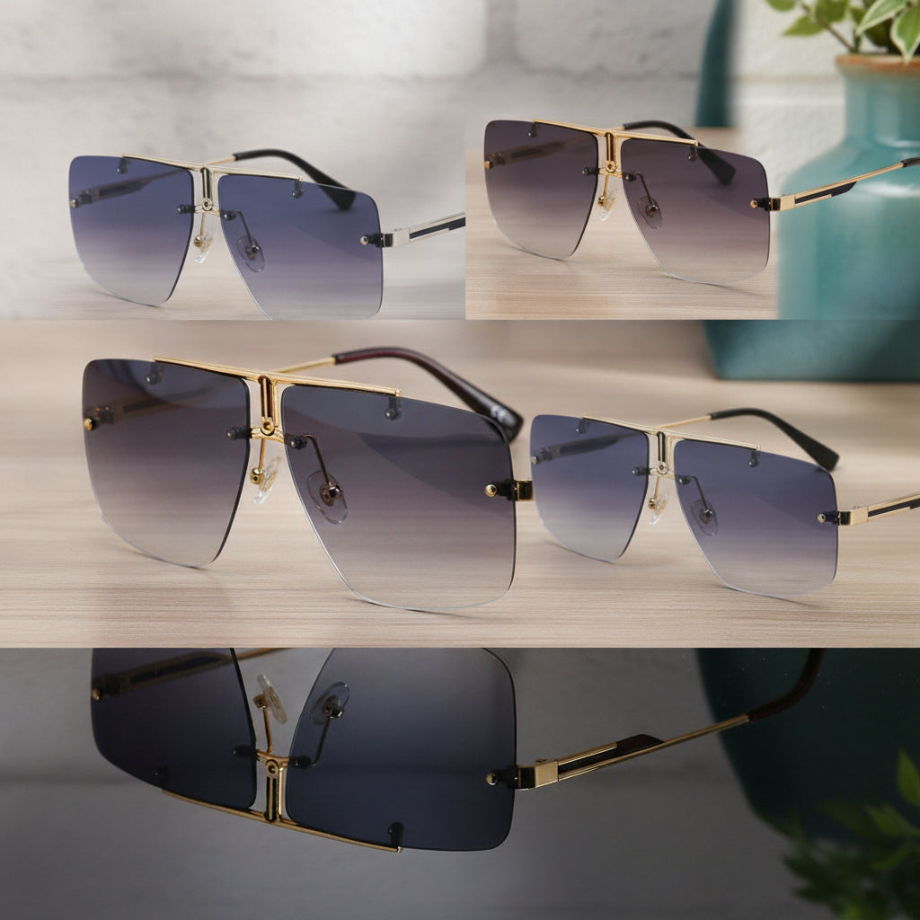 Men's Aviator Rectangle Sunglasses Rimless Cut-edge Metal Frame PC UV400 Gradient Lens, in Gold grey