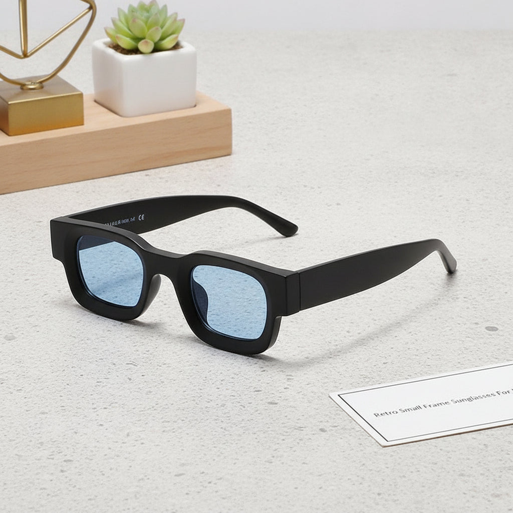 Men's Retro Small Frame Black Square Sunglasses Essential UV400 Protection AC Lens PC Frame, in Black blue