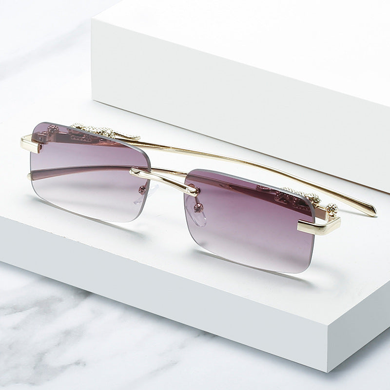 Men And Women Fashion Simple Rectangular Rimless Sunglasses UV400 Protection Gold Frame Gradient Lenses