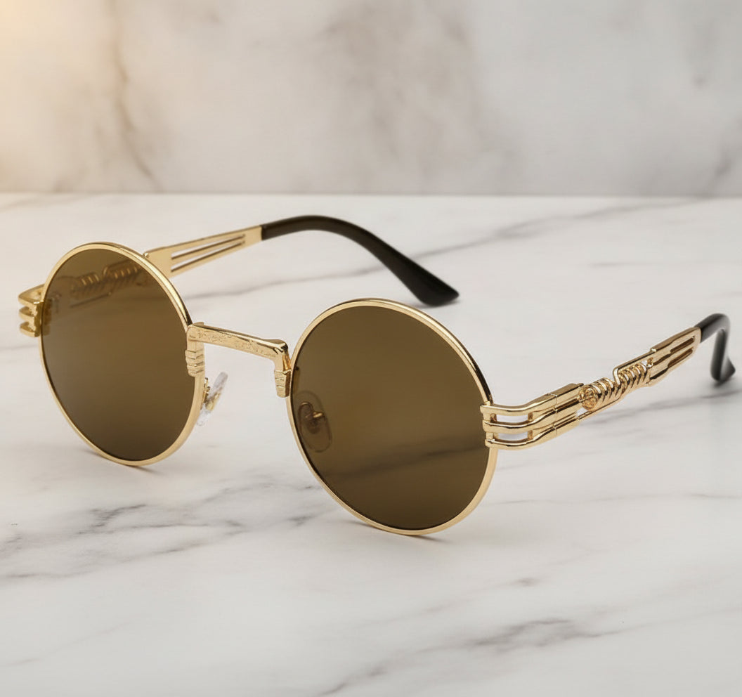Round Gold Steampunk Personality Sunglasses for Ladies and Men UV400 Plastic Frame Travel Street Photography, in as