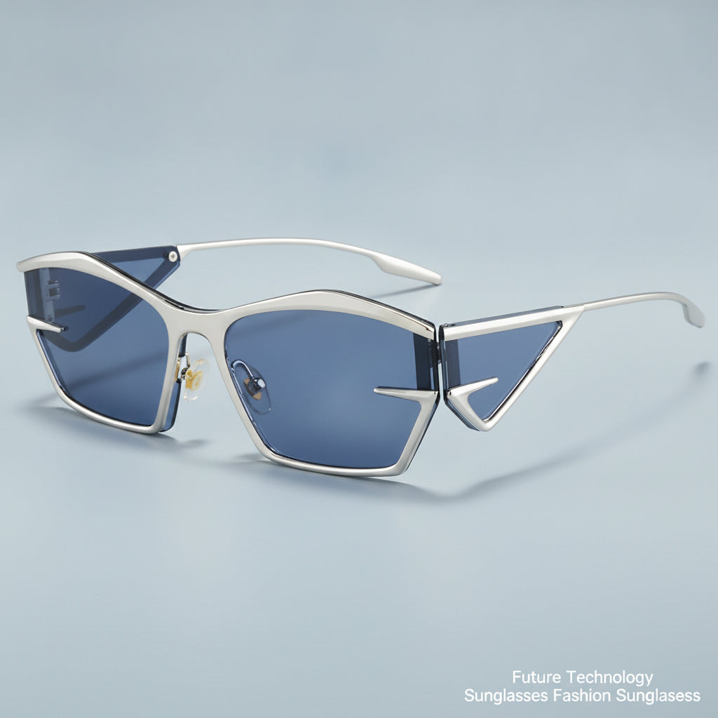 Rectangular Metal Full Frame Fashion Sunglasses with UV400 PC Lenses for Modern Style, in Silver Frame Blue Lens