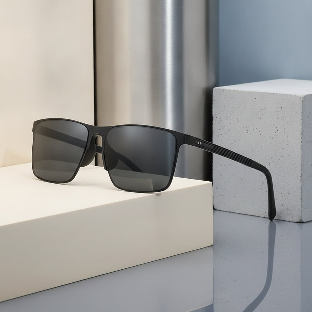 Rectangular Polarized Nylon Lens Metal Frame Men's Sunglasses with Square Rivets, in Dark gray-Black