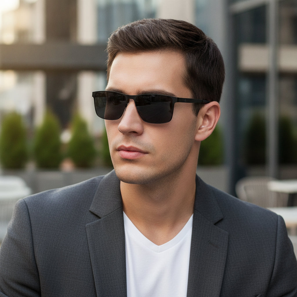 Black Rectangular Polarized Nylon Lens Metal Frame Men's Sunglasses with Square Rivets