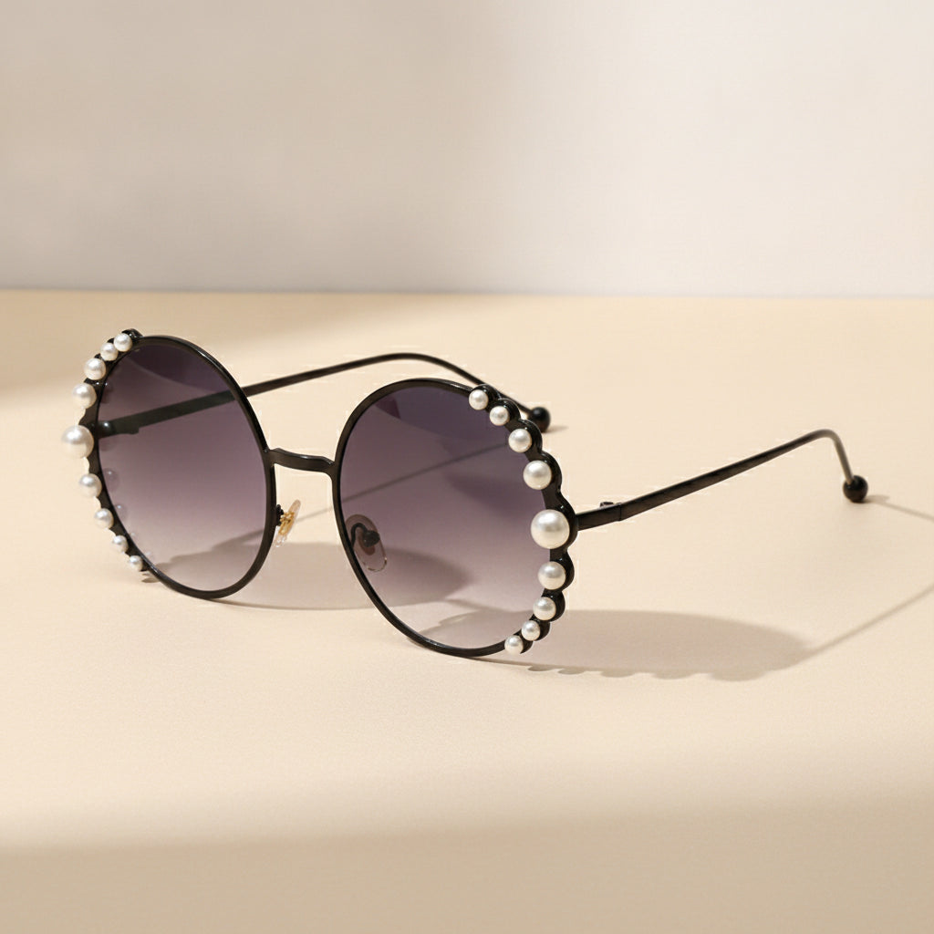 Round Gold Pearl Metal Frame Sunglasses for Ladies UV400 Protection Mirrored PC Lens