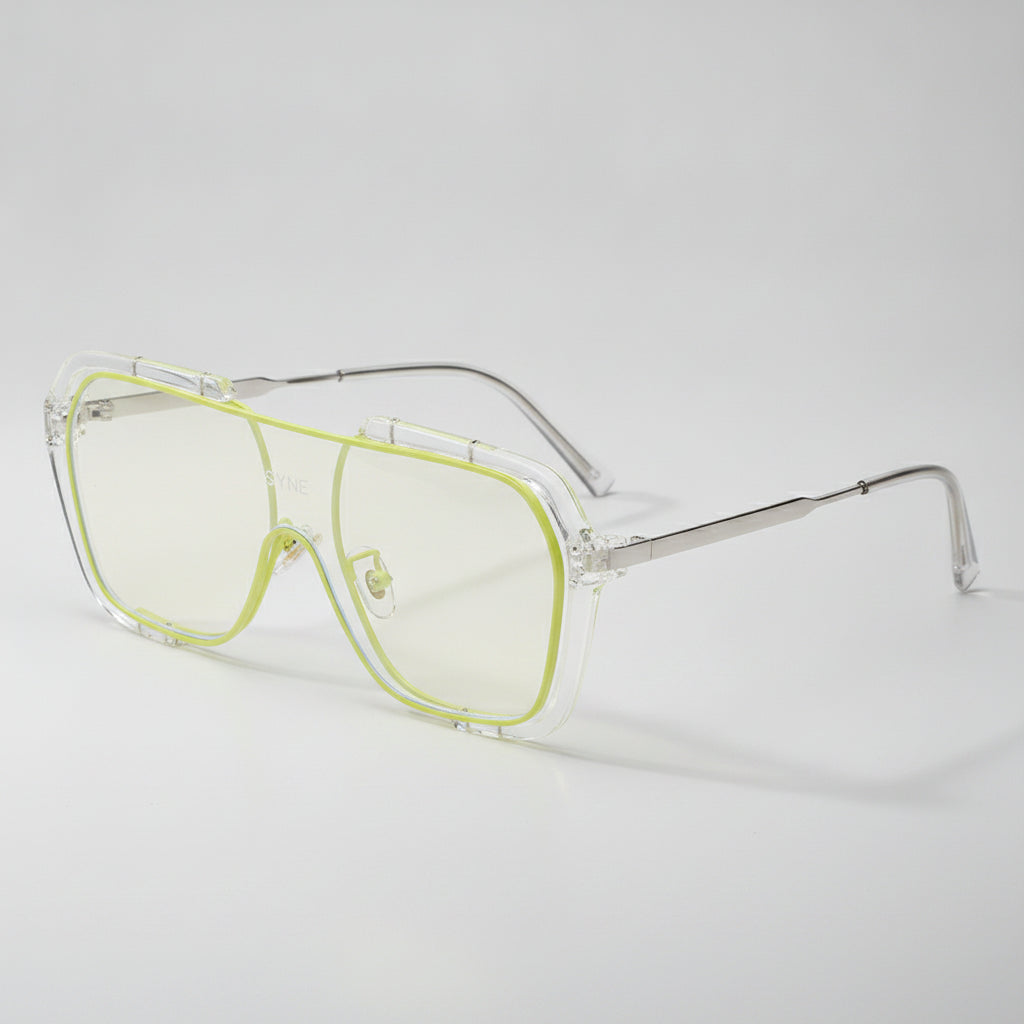 Men's Retro Rectangular Oversized Sunglasses PC Lens Clear Plastic Metal Frame UV400, in Green silver