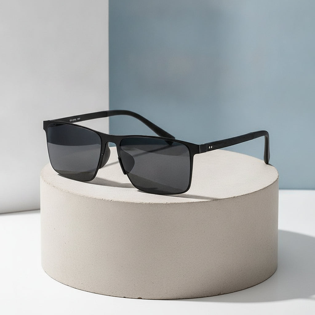 Black Rectangular Polarized Nylon Lens Metal Frame Men's Sunglasses with Square Rivets