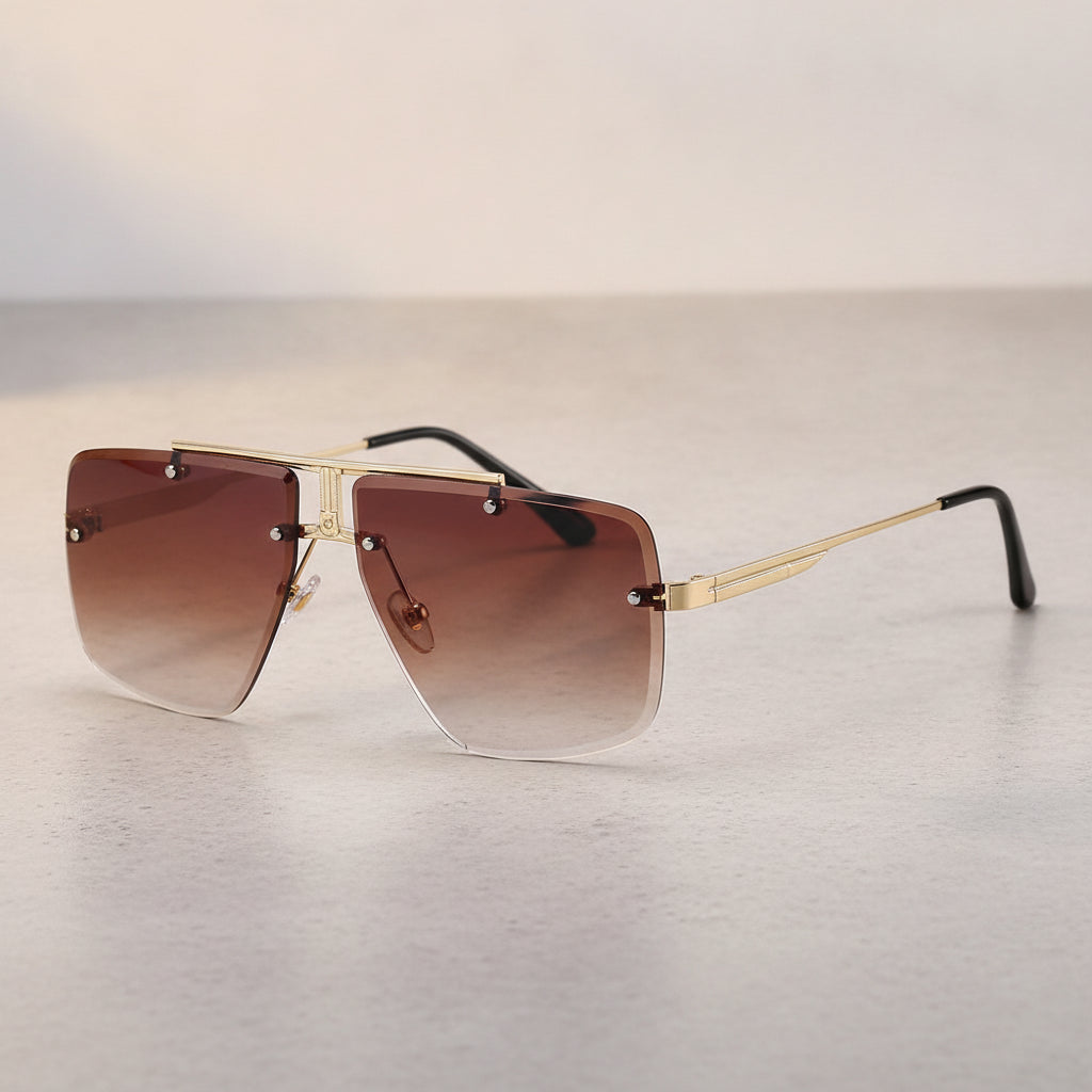 Gold Metal Rectangular Sunglasses for Men, in Gold frame double tea