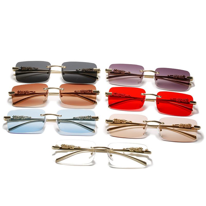 Men And Women Fashion Simple Rectangular Rimless Sunglasses UV400 Protection Gold Frame Gradient Lenses