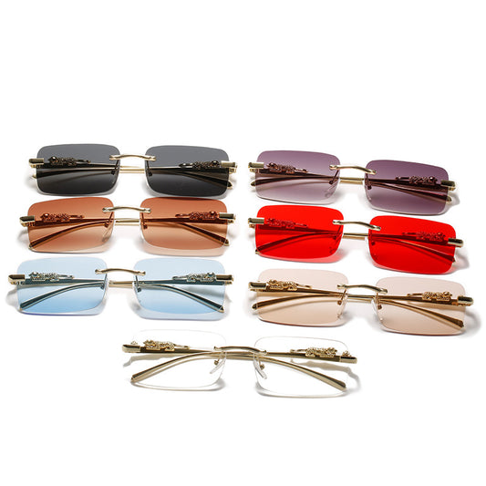 Men And Women Fashion Simple Rectangular Rimless Sunglasses UV400 Protection Gold Frame Gradient Lenses