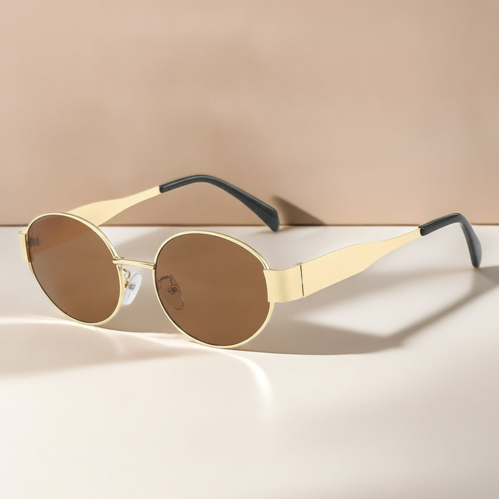 Women's Oval Sunglasses UV400 Metal Frame with AC Lenses Gold Tortoiseshell Design, in Gold Frame Tea Lens