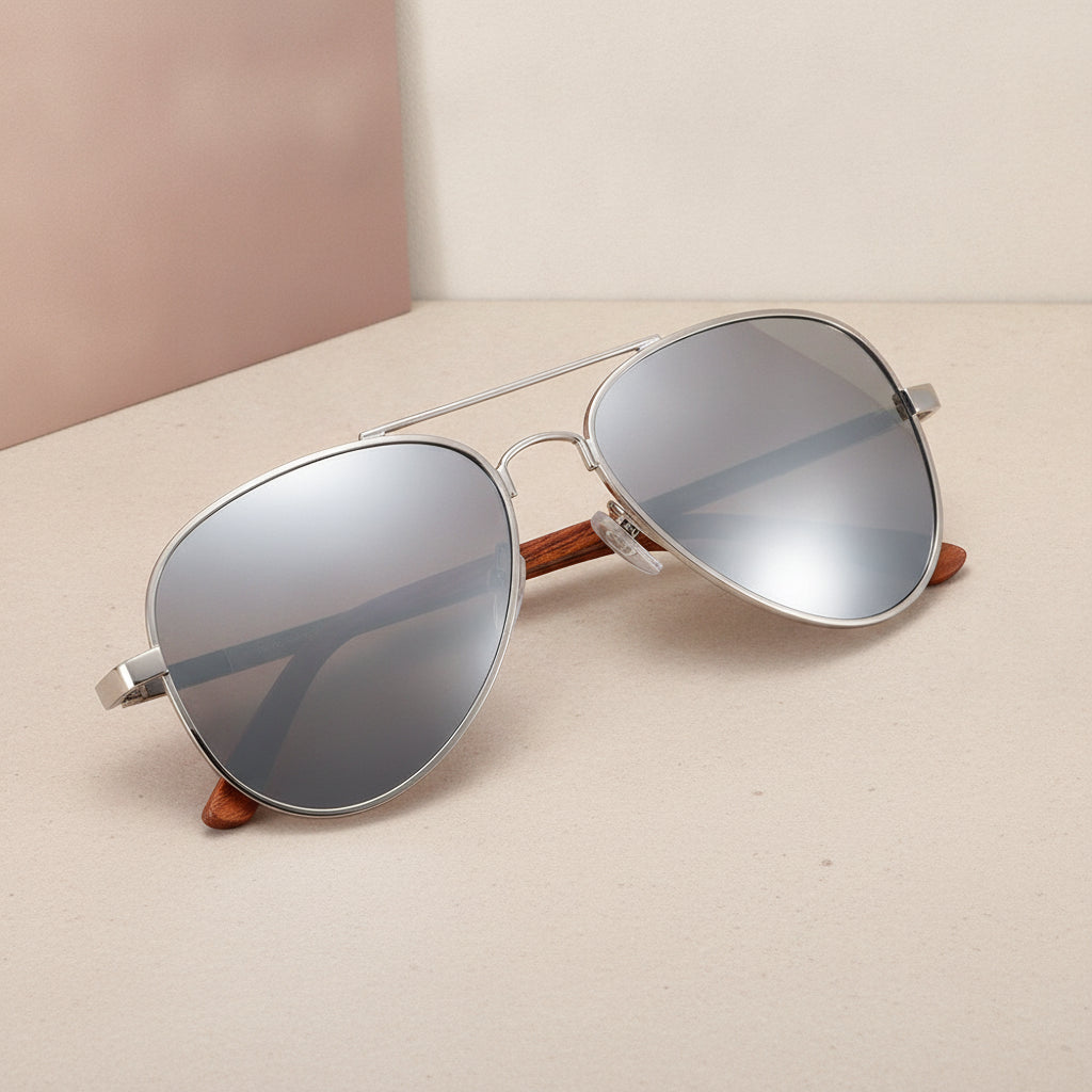 Adult Aviator Sunglasses UV Protection Bamboo Silver Frame Versatile Style for Travel Fashion Driving
