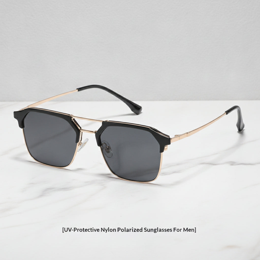 Unisex Square Sunglasses UV400 Polarized Composite Nylon Lenses Stainless Steel Frame, in Bright Black Gold
