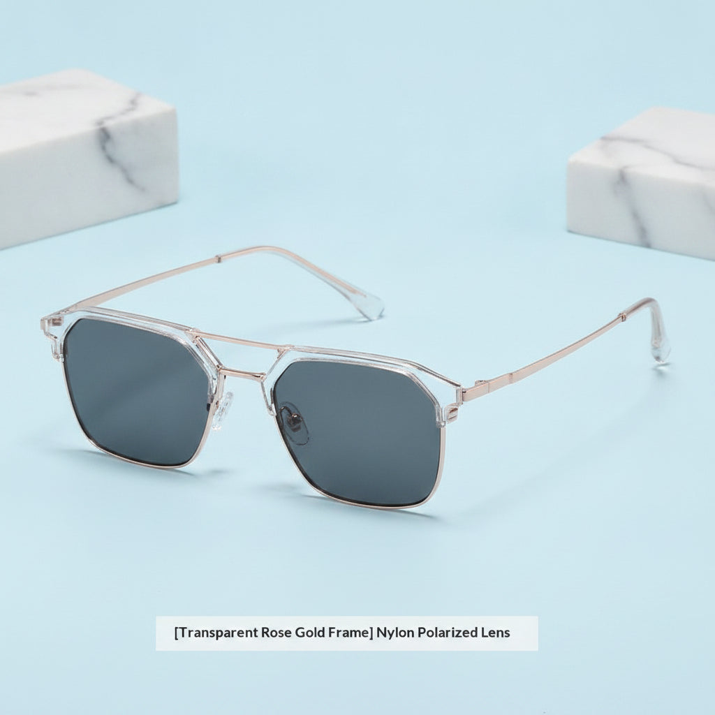 Unisex Square Sunglasses UV400 Polarized Composite Nylon Lenses Stainless Steel Frame, in Transparent Rose Gold
