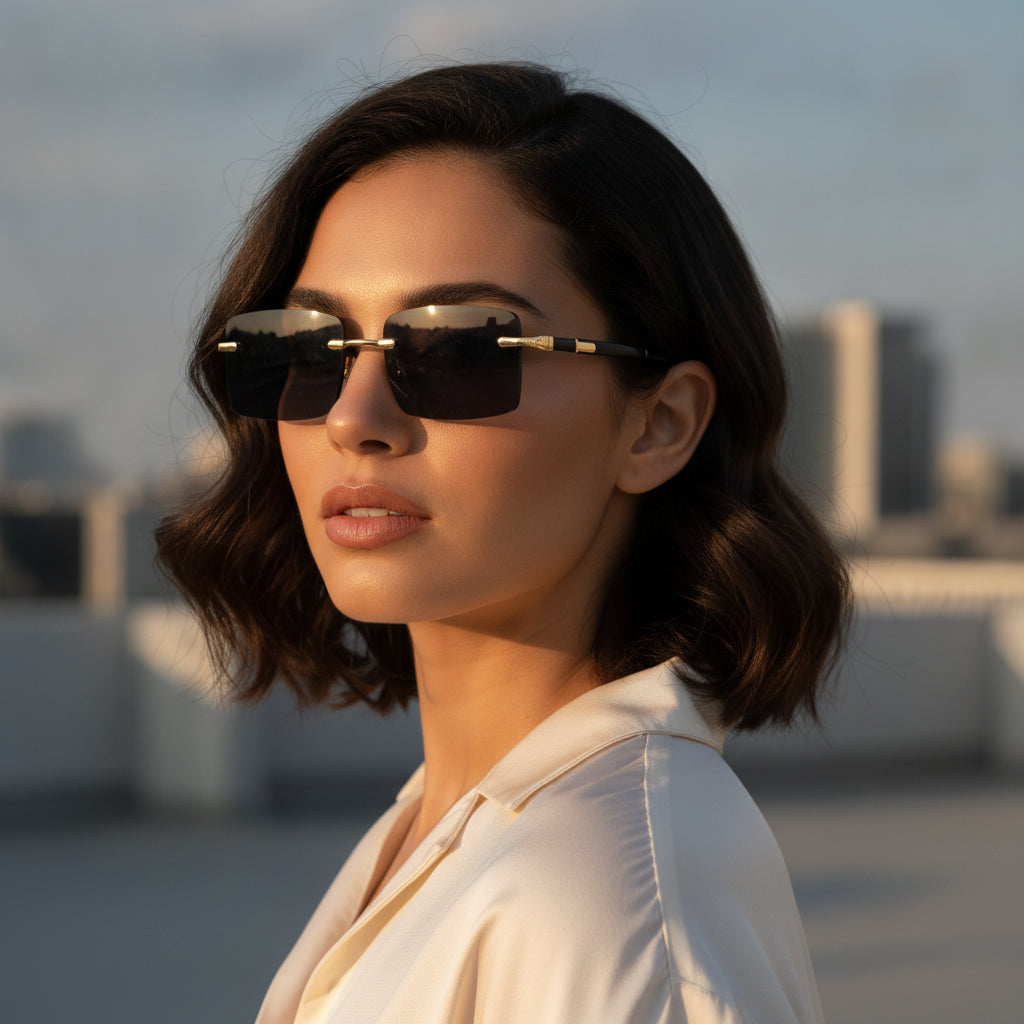 Fashion Crystal Rectangular Rimless Gold Alloy Sunglasses Glass Lens Class 3 For Men And Women Outdoor