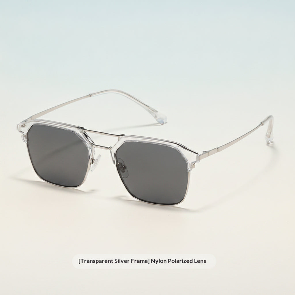 Unisex Square Sunglasses UV400 Polarized Composite Nylon Lenses Stainless Steel Frame, in Transparent Silver