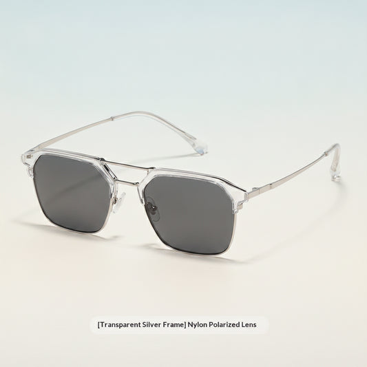 Unisex Square Sunglasses UV400 Polarized Composite Nylon Lenses Stainless Steel Frame, in Transparent Silver
