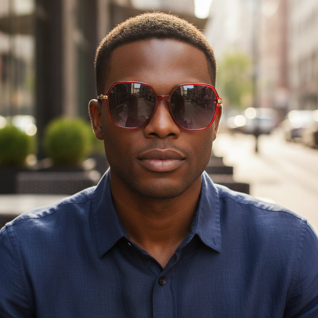 Red Metal Oversized Rectangular Gradient Sunglasses