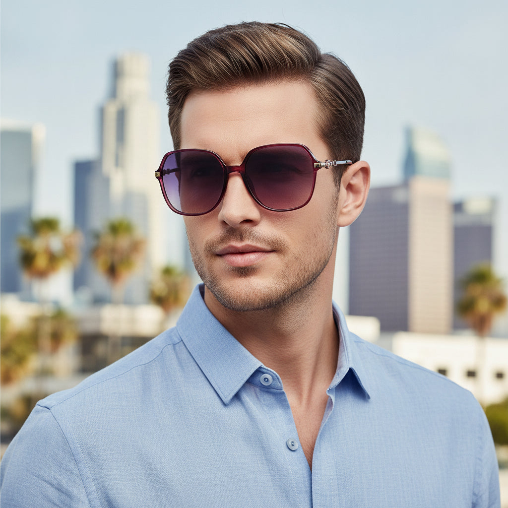 Red Metal Oversized Rectangular Sunglasses