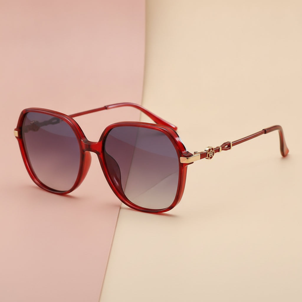 Red Metal Oversized Rectangular Gradient Sunglasses