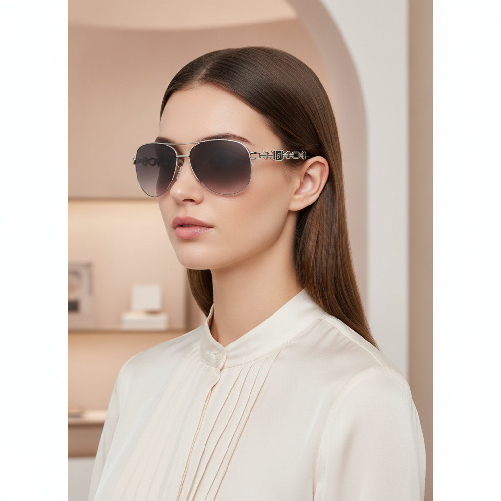 Ladies Oversized Aviator Sunglasses Silver Metal Frame PC Gradient UV400 Lenses