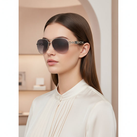 Ladies Oversized Aviator Sunglasses Silver Metal Frame PC Gradient UV400 Lenses