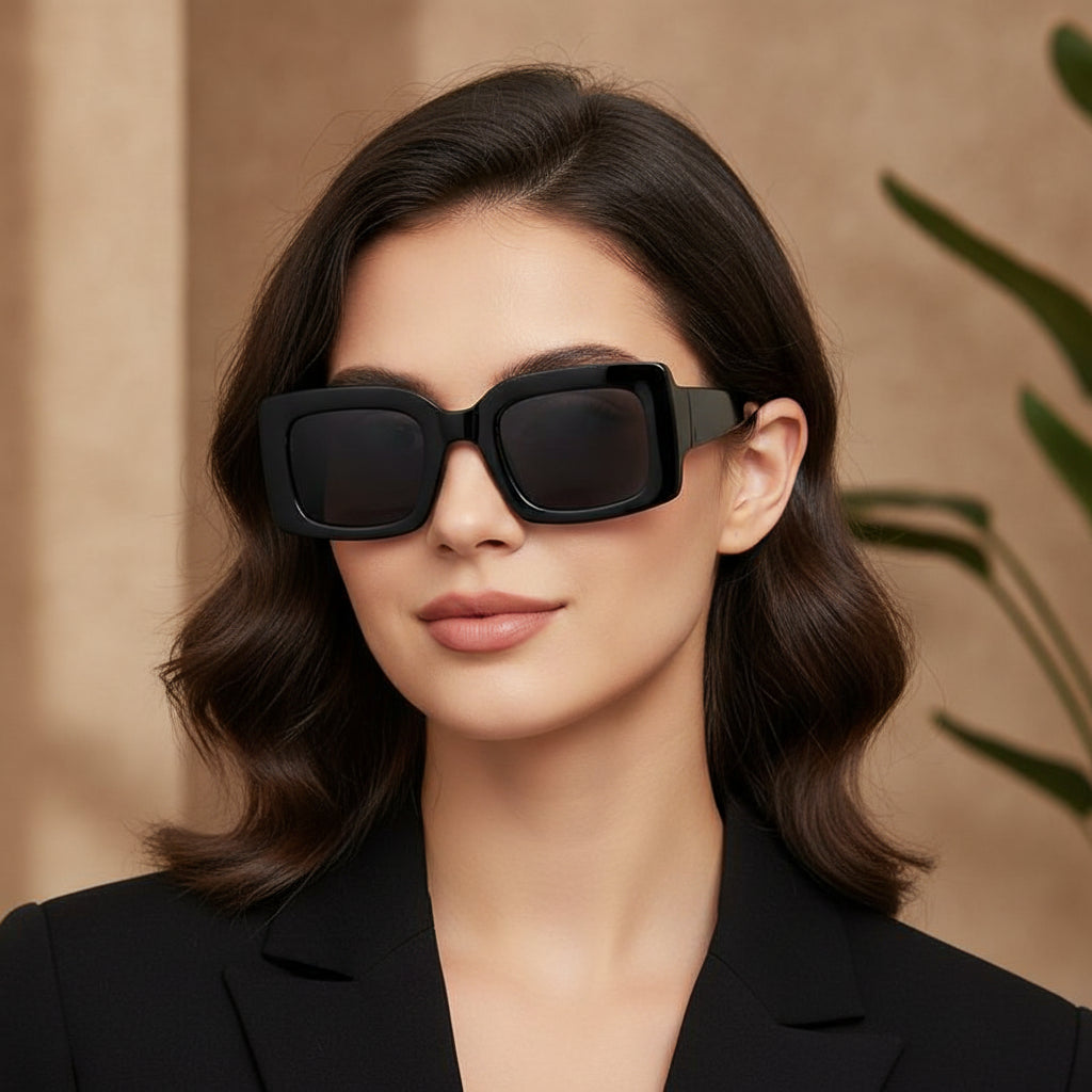 Black Oversized Rectangular Sunglasses UV400 Protection for Women Fashion Style