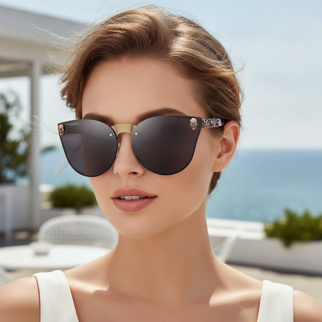 Black Mirrored Cat Eye Metal Sunglasses with Skull Design PC Lens