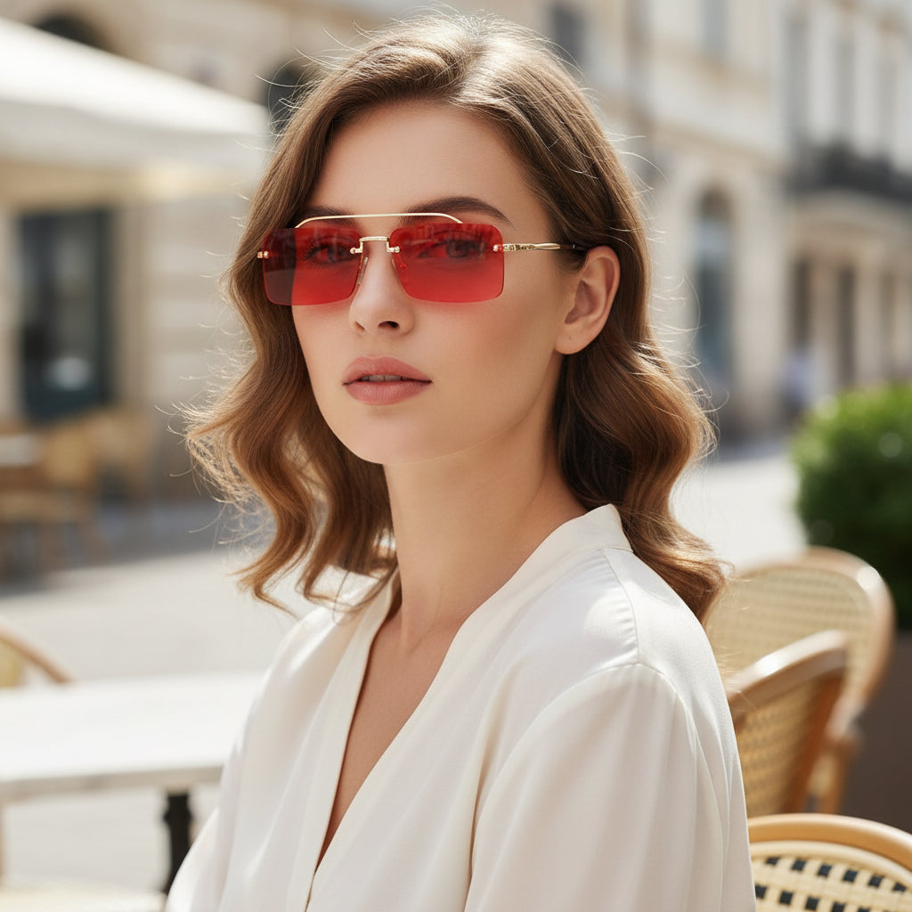 Gold Rimless Rectangular Sunglasses Alloy Frame Polycarbonate Gradient UV400 Lenses