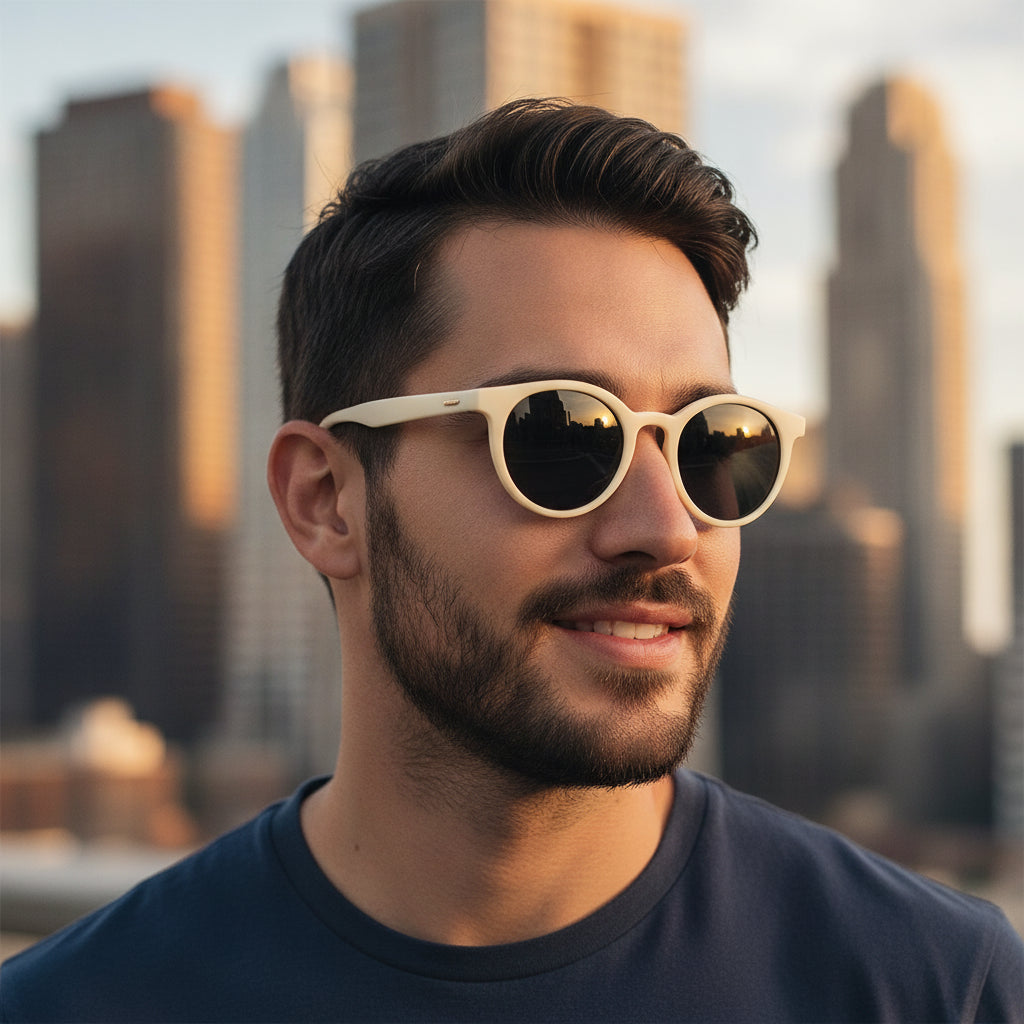Men and women round sunglasses with UV400 protection white PC frame resin lenses vintage style mirror finish